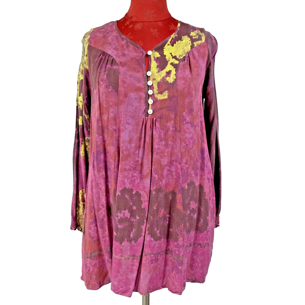 Aoyama Itchome Boho Hippie Peasant Top Size S Long Sleeve Pink Yellow Tunic